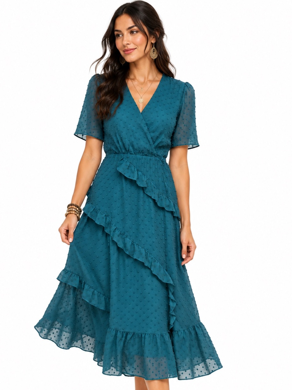Lulu’s Forest Green Swiss Dot Ruffle Wrap Midi Summer Dress Medium